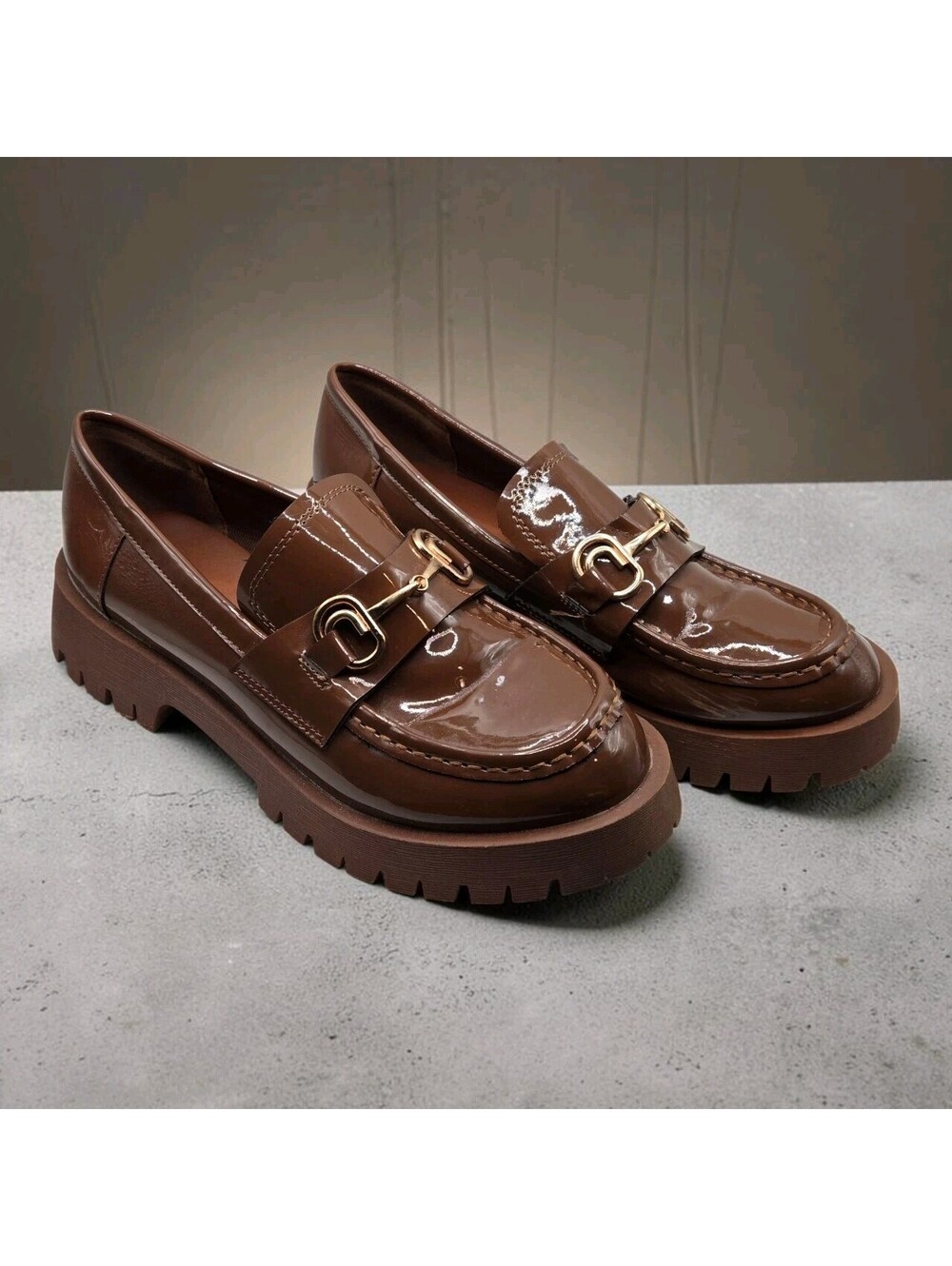 Bamboo Hutch-02 Women's Platform Lug Sole Loafers Brown Patent Gold Bit Size 8.5